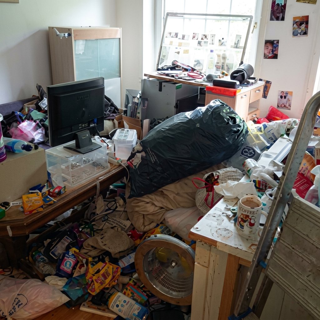 Überfülltes Zimmer mit Unordnung und Kisten vor der Entrümpelung